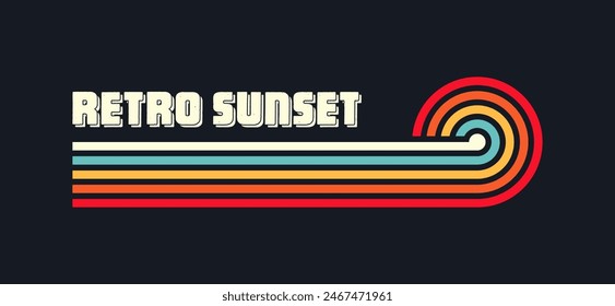 Vintage sunset collection. Various colorful striped sunrise badges in 80s and 90s style. Sun and ocean view, summer vibes, surfing. Design element for print, logo or t-shirt. Vector illustration