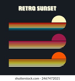 Vintage sunset collection. Various colorful striped sunrise badges in 80s and 90s style. Sun and ocean view, summer vibes, surfing. Design element for print, logo or t-shirt. Vector illustration