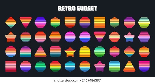 Vintage sunset collection. Various colorful striped sunrise badges in 80s and 90s style. Sun and ocean view, summer vibes, surfing. Design element for print, logo or t-shirt. Vector illustration