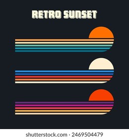 Vintage sunset collection. Various colorful striped sunrise badges in 80s and 90s style. Sun and ocean view, summer vibes, surfing. Design element for print, logo or t-shirt. Vector illustration