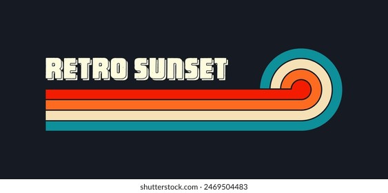 Vintage sunset collection. Various colorful striped sunrise badges in 80s and 90s style. Sun and ocean view, summer vibes, surfing. Design element for print, logo or t-shirt. Vector illustration