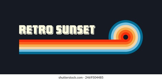 Vintage sunset collection. Various colorful striped sunrise badges in 80s and 90s style. Sun and ocean view, summer vibes, surfing. Design element for print, logo or t-shirt. Vector illustration