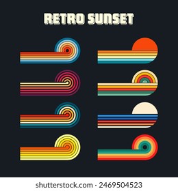 Vintage sunset collection. Various colorful striped sunrise badges in 80s and 90s style. Sun and ocean view, summer vibes, surfing. Design element for print, logo or t-shirt. Vector illustration