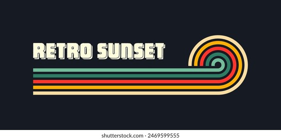 Vintage sunset collection. Various colorful striped sunrise badges in 80s and 90s style. Sun and ocean view, summer vibes, surfing. Design element for print, logo or t-shirt. Vector illustration