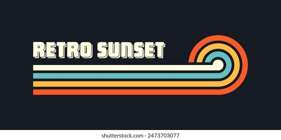 Vintage sunset collection. Various colorful striped sunrise badges in 80s and 90s style. Sun and ocean view, summer vibes, surfing. Design element for print, logo or t-shirt. Vector illustration