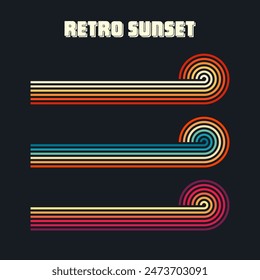 Vintage sunset collection. Various colorful striped sunrise badges in 80s and 90s style. Sun and ocean view, summer vibes, surfing. Design element for print, logo or t-shirt. Vector illustration