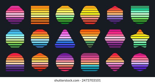 Vintage sunset collection. Various colorful striped sunrise badges in 80s and 90s style. Sun and ocean view, summer vibes, surfing. Design element for print, logo or t-shirt. Vector illustration