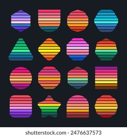 Vintage sunset collection. Various colorful striped sunrise badges in 80s and 90s style. Sun and ocean view, summer vibes, surfing. Design element for print, logo or t-shirt. Vector illustration