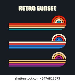 Vintage sunset collection. Various colorful striped sunrise badges in 80s and 90s style. Sun and ocean view, summer vibes, surfing. Design element for print, logo or t-shirt. Vector illustration