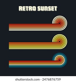 Vintage sunset collection. Various colorful striped sunrise badges in 80s and 90s style. Sun and ocean view, summer vibes, surfing. Design element for print, logo or t-shirt. Vector illustration