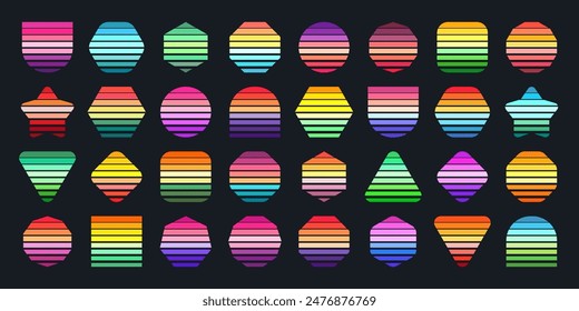 Vintage sunset collection. Various colorful striped sunrise badges in 80s and 90s style. Sun and ocean view, summer vibes, surfing. Design element for print, logo or t-shirt. Vector illustration