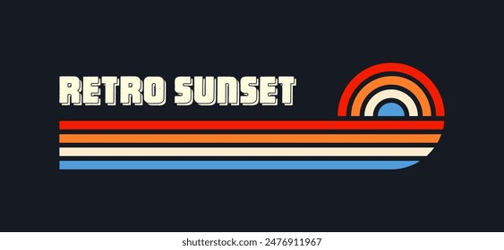 Vintage sunset collection. Various colorful striped sunrise badges in 80s and 90s style. Sun and ocean view, summer vibes, surfing. Design element for print, logo or t-shirt. Vector illustration