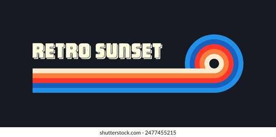 Vintage sunset collection. Various colorful striped sunrise badges in 80s and 90s style. Sun and ocean view, summer vibes, surfing. Design element for print, logo or t-shirt. Vector illustration