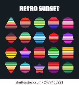 Vintage sunset collection. Various colorful striped sunrise badges in 80s and 90s style. Sun and ocean view, summer vibes, surfing. Design element for print, logo or t-shirt. Vector illustration