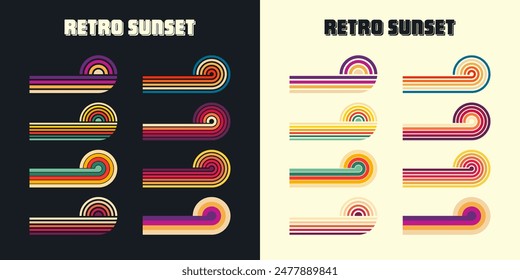 Vintage sunset collection. Various colorful striped sunrise badges in 80s and 90s style. Sun and ocean view, summer vibes, surfing. Design element for print, logo or t-shirt. Vector illustration.