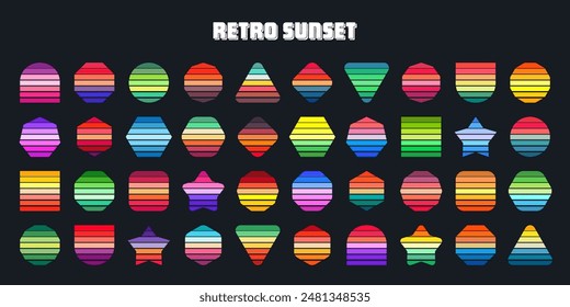 Vintage sunset collection. Various colorful striped sunrise badges in 80s and 90s style. Sun and ocean view, summer vibes, surfing. Design element for print, logo or t-shirt. Vector illustration