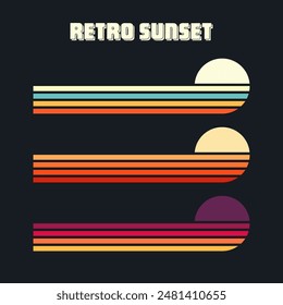 colección de atardecer de Antiguas. Varias insignias a rayas de colores del amanecer en estilo de los años 80 y 90. Sol y vista al mar, vibraciones de verano, surf. Elemento de diseño para estampado, logo o camiseta. Ilustración vectorial