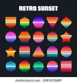 Vintage sunset collection. Various colorful striped sunrise badges in 80s and 90s style. Sun and ocean view, summer vibes, surfing. Design element for print, logo or t-shirt. Vector illustration
