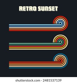 Vintage sunset collection. Various colorful striped sunrise badges in 80s and 90s style. Sun and ocean view, summer vibes, surfing. Design element for print, logo or t-shirt. Vector illustration