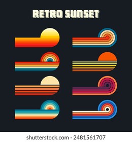 Vintage sunset collection. Various colorful striped sunrise badges in 80s and 90s style. Sun and ocean view, summer vibes, surfing. Design element for print, logo or t-shirt. Vector illustration