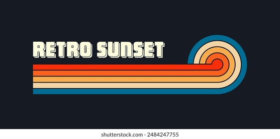 Vintage sunset collection. Various colorful striped sunrise badges in 80s and 90s style. Sun and ocean view, summer vibes, surfing. Design element for print, logo or t-shirt. Vector illustration