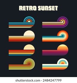 Vintage sunset collection. Various colorful striped sunrise badges in 80s and 90s style. Sun and ocean view, summer vibes, surfing. Design element for print, logo or t-shirt. Vector illustration