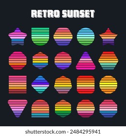 Vintage sunset collection. Various colorful striped sunrise badges in 80s and 90s style. Sun and ocean view, summer vibes, surfing. Design element for print, logo or t-shirt. Vector illustration