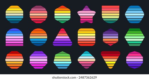 Vintage sunset collection. Various colorful striped sunrise badges in 80s and 90s style. Sun and ocean view, summer vibes, surfing. Design element for print, logo or t-shirt. Vector illustration