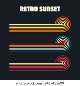 Vintage sunset collection. Various colorful striped sunrise badges in 80s and 90s style. Sun and ocean view, summer vibes, surfing. Design element for print, logo or t-shirt. Vector illustration