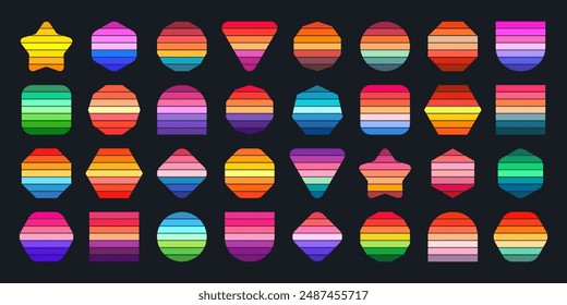 Vintage sunset collection. Various colorful striped sunrise badges in 80s and 90s style. Sun and ocean view, summer vibes, surfing. Design element for print, logo or t-shirt. Vector illustration