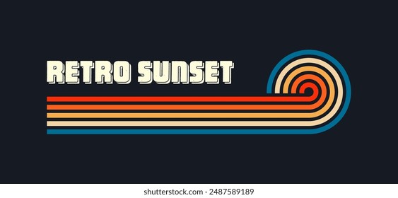 Vintage sunset collection. Various colorful striped sunrise badges in 80s and 90s style. Sun and ocean view, summer vibes, surfing. Design element for print, logo or t-shirt. Vector illustration