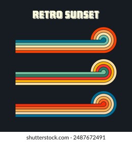 Vintage sunset collection. Various colorful striped sunrise badges in 80s and 90s style. Sun and ocean view, summer vibes, surfing. Design element for print, logo or t-shirt. Vector illustration