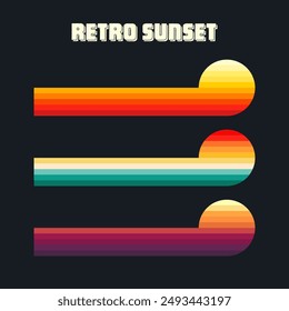 Vintage sunset collection. Various colorful striped sunrise badges in 80s and 90s style. Sun and ocean view, summer vibes, surfing. Design element for print, logo or t-shirt. Vector illustration