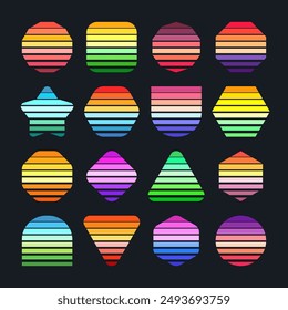 Vintage sunset collection. Various colorful striped sunrise badges in 80s and 90s style. Sun and ocean view, summer vibes, surfing. Design element for print, logo or t-shirt. Vector illustration