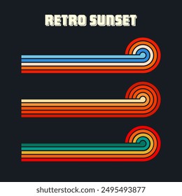 Vintage sunset collection. Various colorful striped sunrise badges in 80s and 90s style. Sun and ocean view, summer vibes, surfing. Design element for print, logo or t-shirt. Vector illustration.