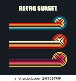 Vintage sunset collection. Various colorful striped sunrise badges in 80s and 90s style. Sun and ocean view, summer vibes, surfing. Design element for print, logo or t-shirt. Vector illustration