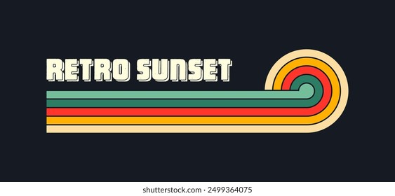 Vintage sunset collection. Various colorful striped sunrise badges in 80s and 90s style. Sun and ocean view, summer vibes, surfing. Design element for print, logo or t-shirt. Vector illustration