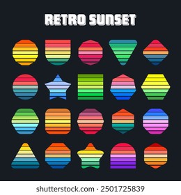 Vintage sunset collection. Various colorful striped sunrise badges in 80s and 90s style. Sun and ocean view, summer vibes, surfing. Design element for print, logo or t-shirt. Vector illustration