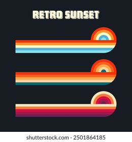 Vintage sunset collection. Various colorful striped sunrise badges in 80s and 90s style. Sun and ocean view, summer vibes, surfing. Design element for print, logo or t-shirt. Vector illustration