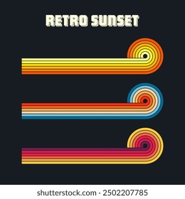 Vintage sunset collection. Various colorful striped sunrise badges in 80s and 90s style. Sun and ocean view, summer vibes, surfing. Design element for print, logo or t-shirt. Vector illustration
