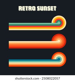 Vintage sunset collection. Various colorful striped sunrise badges in 80s and 90s style. Sun and ocean view, summer vibes, surfing. Design element for print, logo or t-shirt. Vector illustration