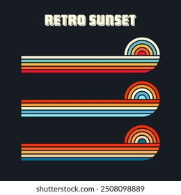 Vintage sunset collection. Various colorful striped sunrise badges in 80s and 90s style. Sun and ocean view, summer vibes, surfing. Design element for print, logo or t-shirt. Vector illustration