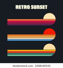 Vintage sunset collection. Various colorful striped sunrise badges in 80s and 90s style. Sun and ocean view, summer vibes, surfing. Design element for print, logo or t-shirt. Vector illustration