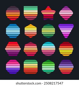 Vintage sunset collection. Various colorful striped sunrise badges in 80s and 90s style. Sun and ocean view, summer vibes, surfing. Design element for print, logo or t-shirt. Vector illustration