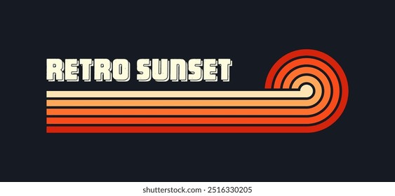 Vintage sunset collection. Various colorful striped sunrise badges in 80s and 90s style. Sun and ocean view, summer vibes, surfing. Design element for print, logo or t-shirt. Vector illustration