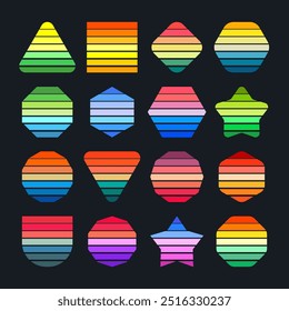 Vintage sunset collection. Various colorful striped sunrise badges in 80s and 90s style. Sun and ocean view, summer vibes, surfing. Design element for print, logo or t-shirt. Vector illustration