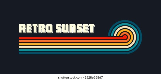 Vintage sunset collection. Various colorful striped sunrise badges in 80s and 90s style. Sun and ocean view, summer vibes, surfing. Design element for print, logo or t-shirt. Vector illustration