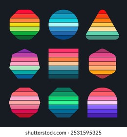Vintage sunset collection. Various colorful striped sunrise badges in 80s and 90s style. Sun and ocean view, summer vibes, surfing. Design element for print, logo or t-shirt. Vector illustration