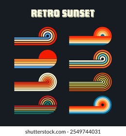 Vintage sunset collection. Various colorful striped sunrise badges in 80s and 90s style. Sun and ocean view, summer vibes, surfing. Design element for print, logo or t-shirt. Vector illustration