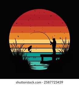 Vintage Sunset Fishing T Shirt Design Retro Fisherman Silhouette